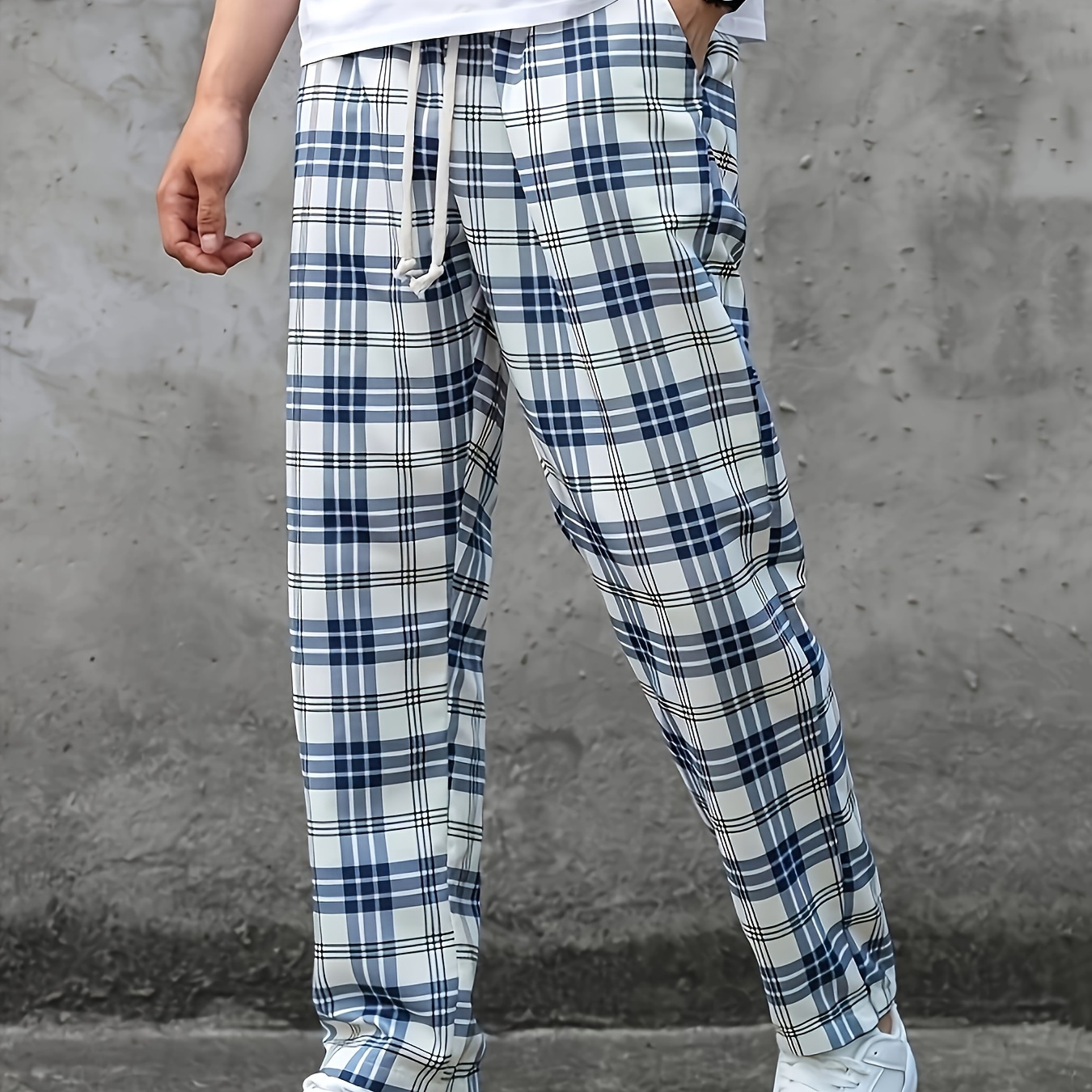 

Men's Retro Plaid Joggers, Casual Stretch Waist Drawstring Sports Pants