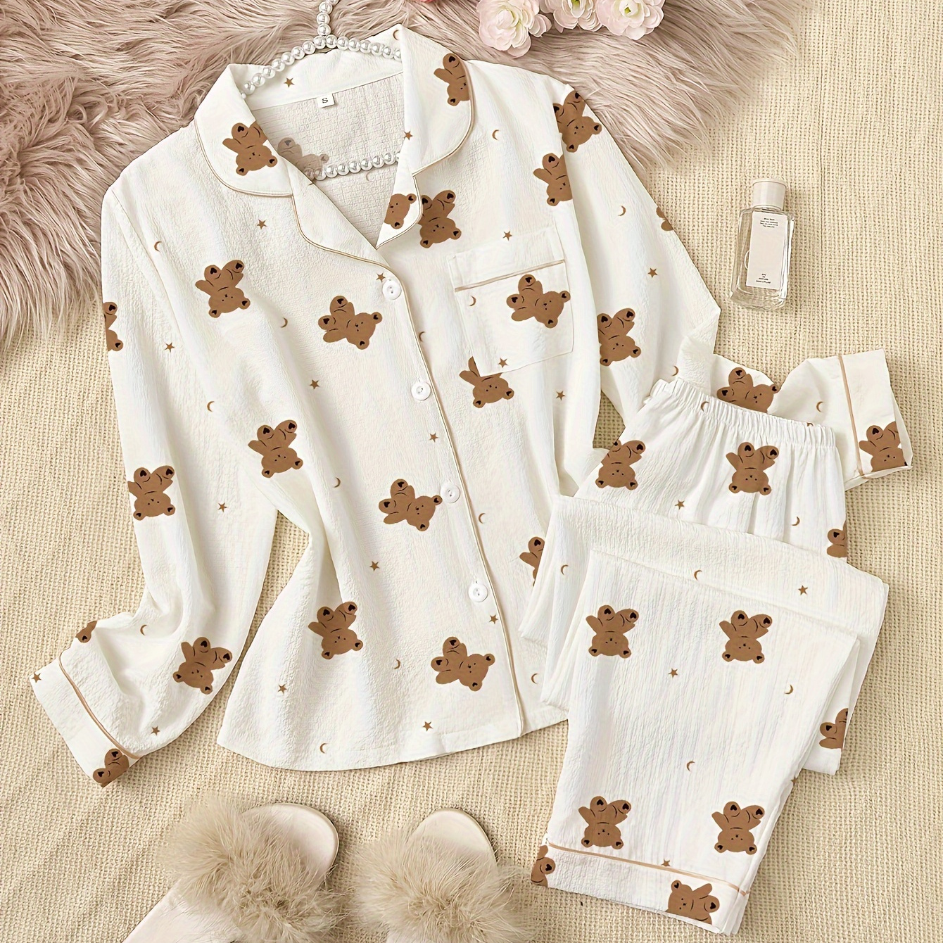 

1set Cute Cartoon Long Sleeve Pajama Set For Women - Polyester Lapel Collar Patterned Sleepwear, Woven Loungewear