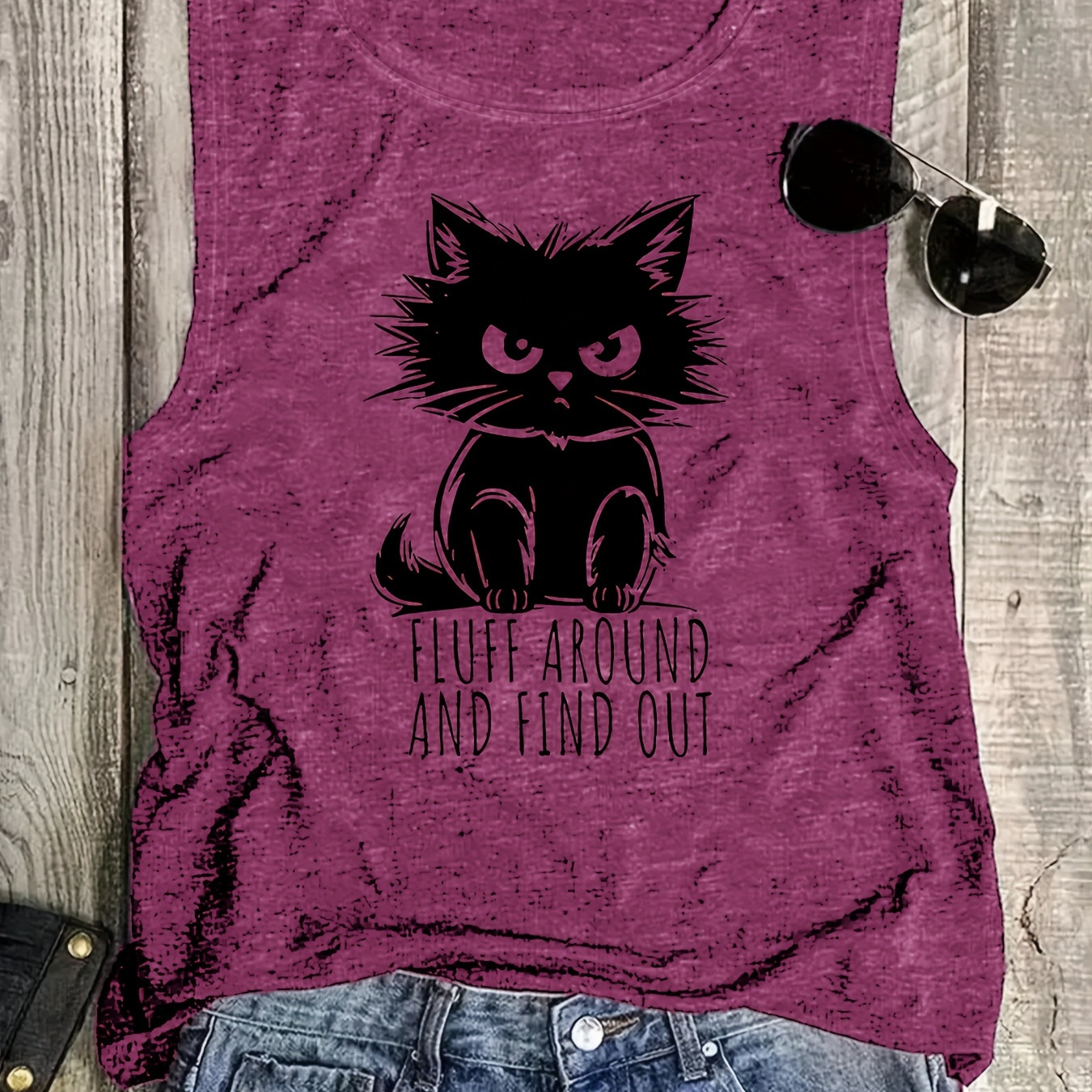 

Cat Print Top, Sleeveless Casual Top For Summer & Spring, Women's Clothing