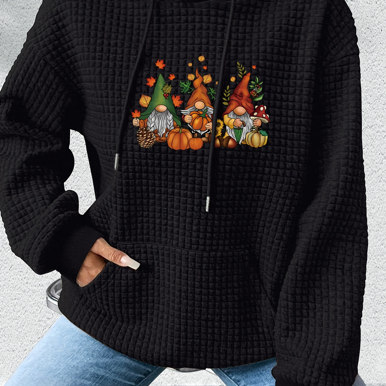 

Gnomes Print Kangaroo Pocket Hoodie, Casual Long Sleeve Drawstring Hooded Sweatshirt, Women's Clothing