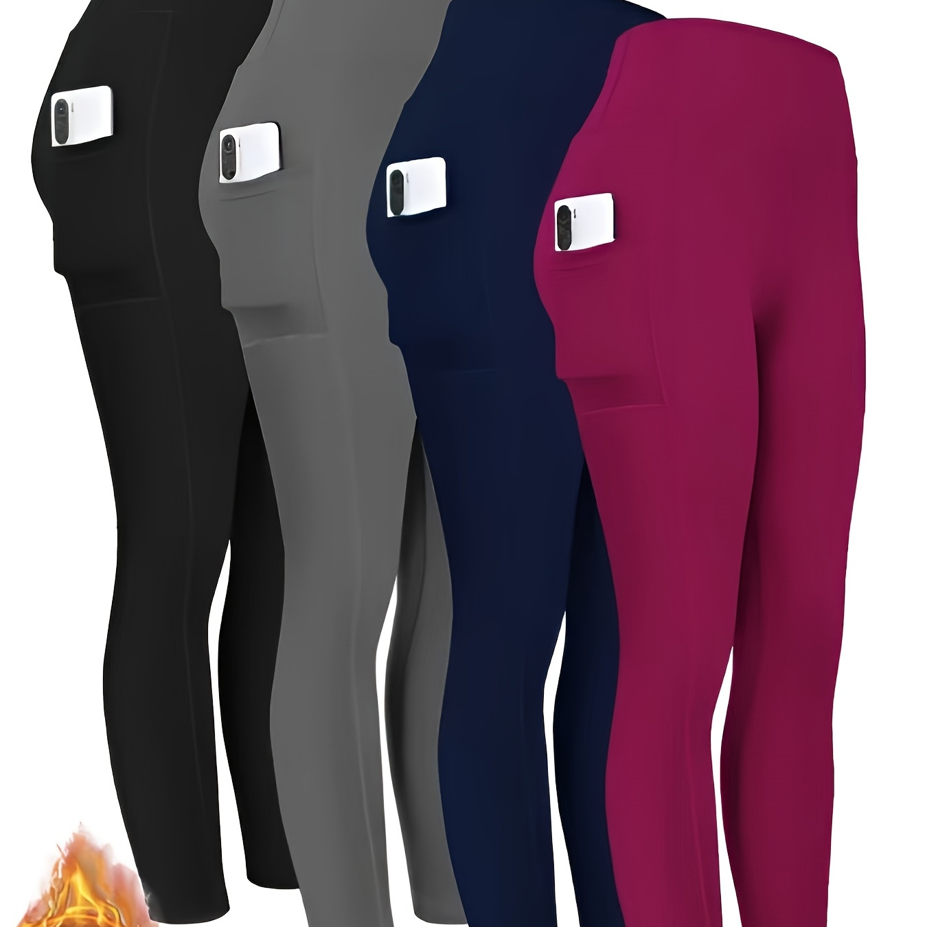 

Women's High Waist Plus Velvet Yoga Pants With Pockets, Solid Color, , Warm, Comfortable, Stretchable On All Sides