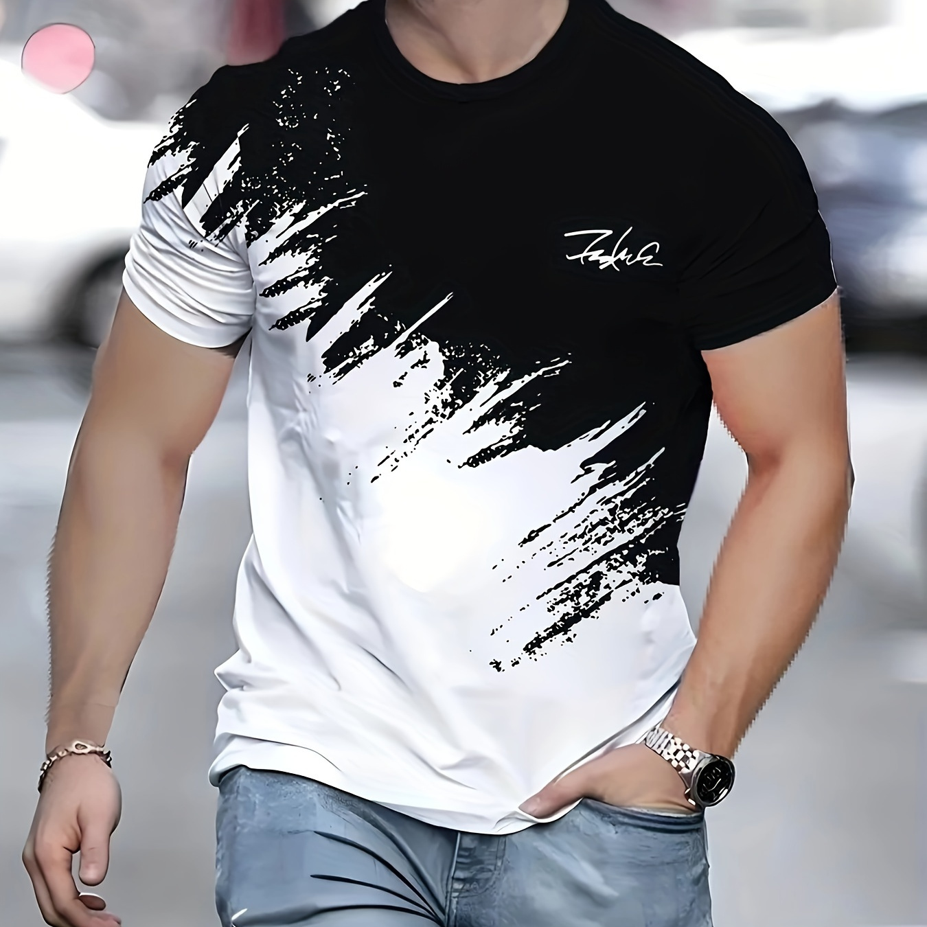 

Men's Graffiti Letter And Contrast Color Print T-shirt, Crew Neck And Short Sleeve Tee, Summer Fashion Leisure Tops For Casual Outerwear