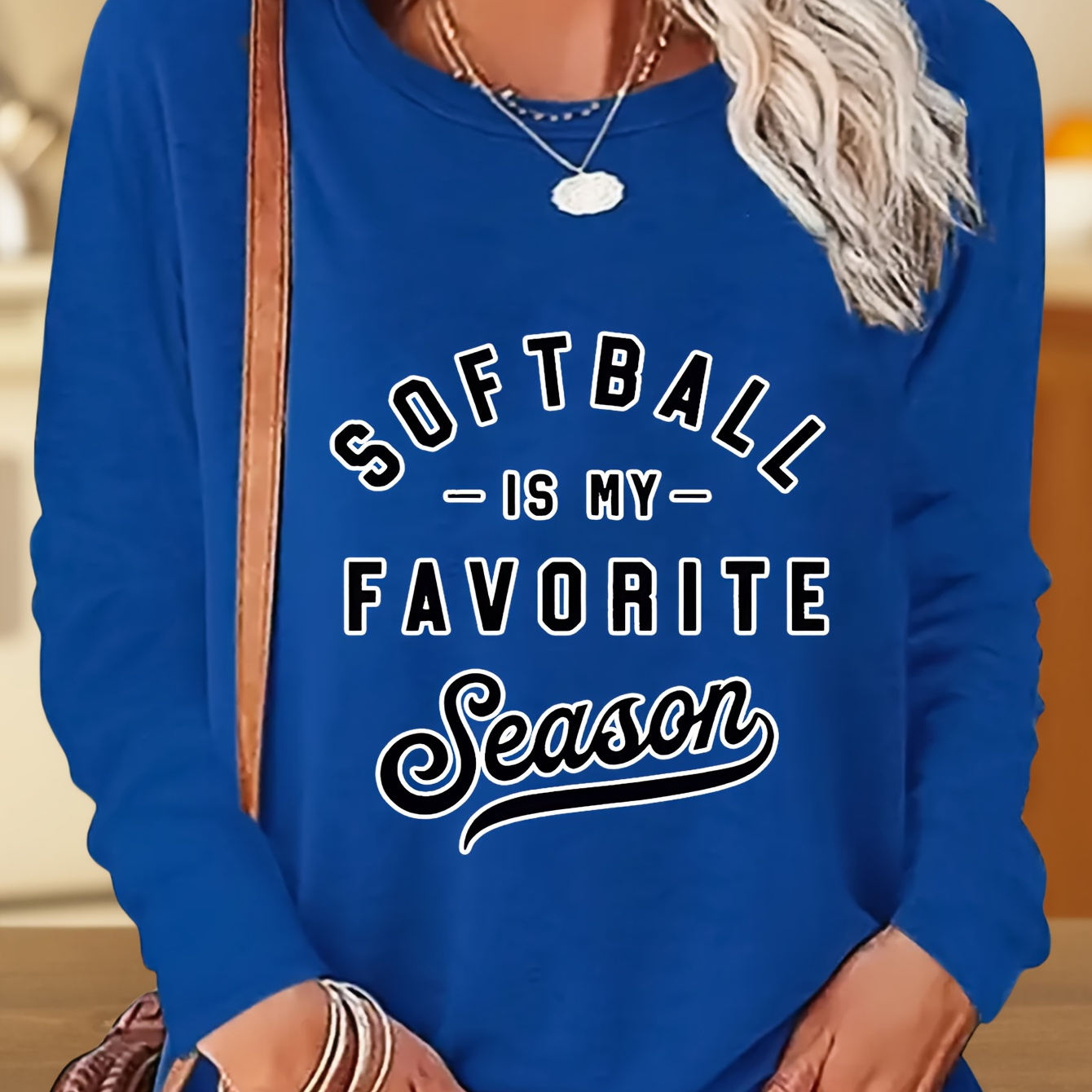 

Women's Casual Crew Neck Long Sleeve T-shirt With Softball Is Season Applique – 100% Polyester Knit Fabric Alphabet Pattern Tops For All