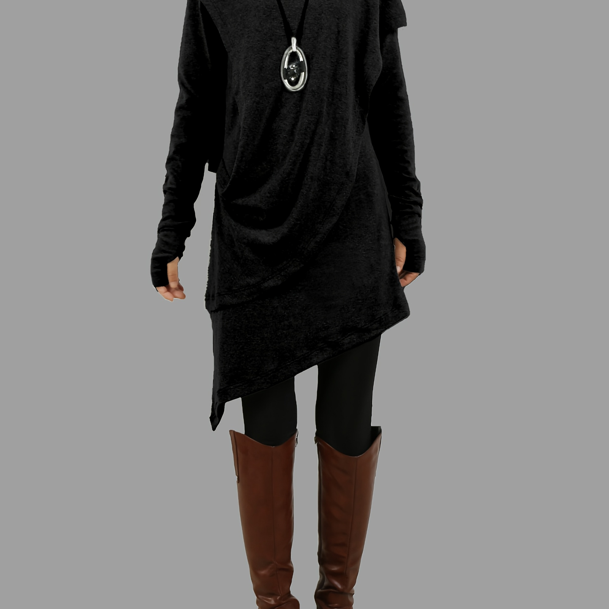 

Women's Elegant Polyester Tunic Dress - 100% Polyester Knit Fabric, Long Sleeve, Finger-hole, Asymmetrical Hem, Solid Color, Cowl Neck, Fashion Streetwear