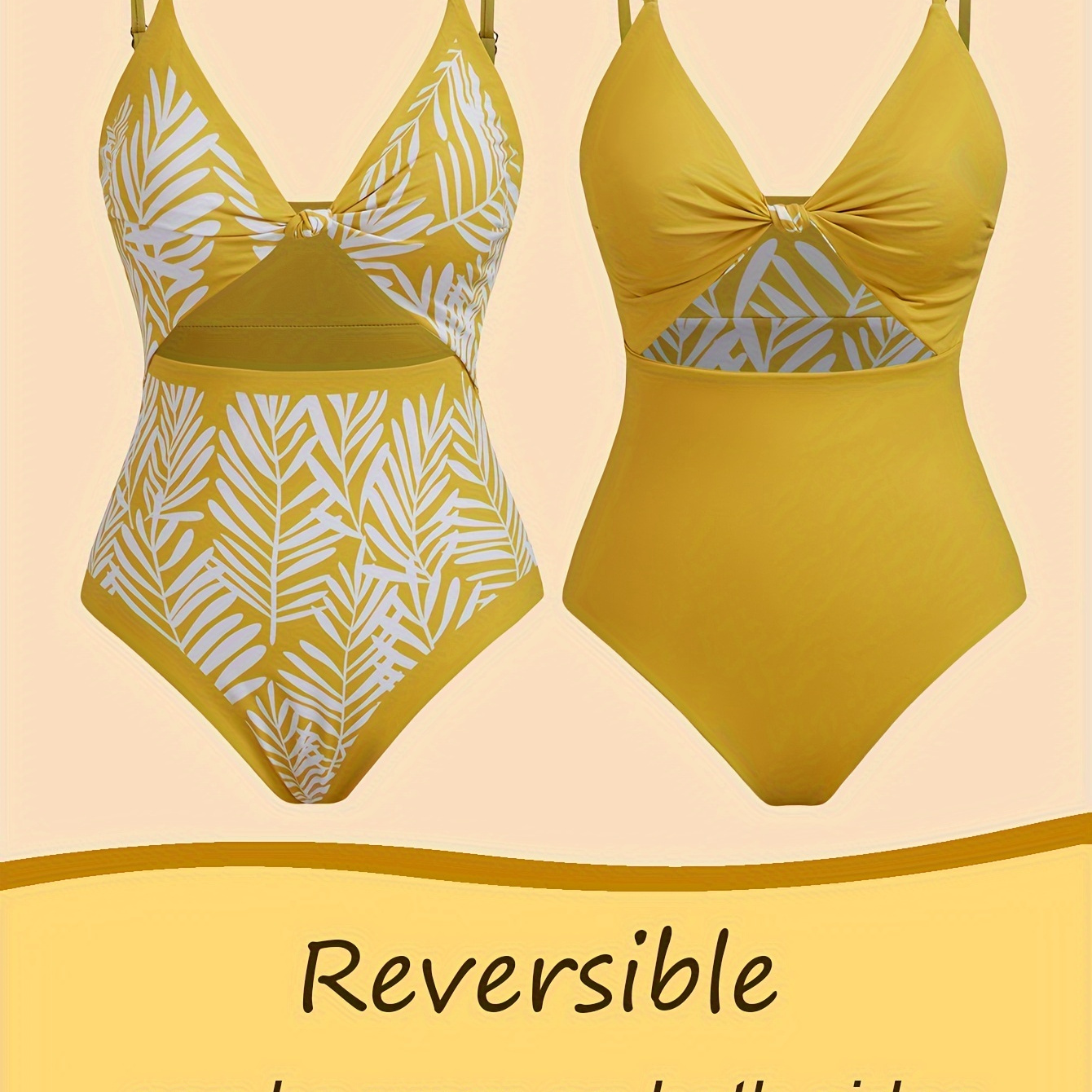 

Women's Reversible One-piece Swimsuit, Tropical Leaf Design, Elegant Retro Style, Knotted Front Slimming Swimwear