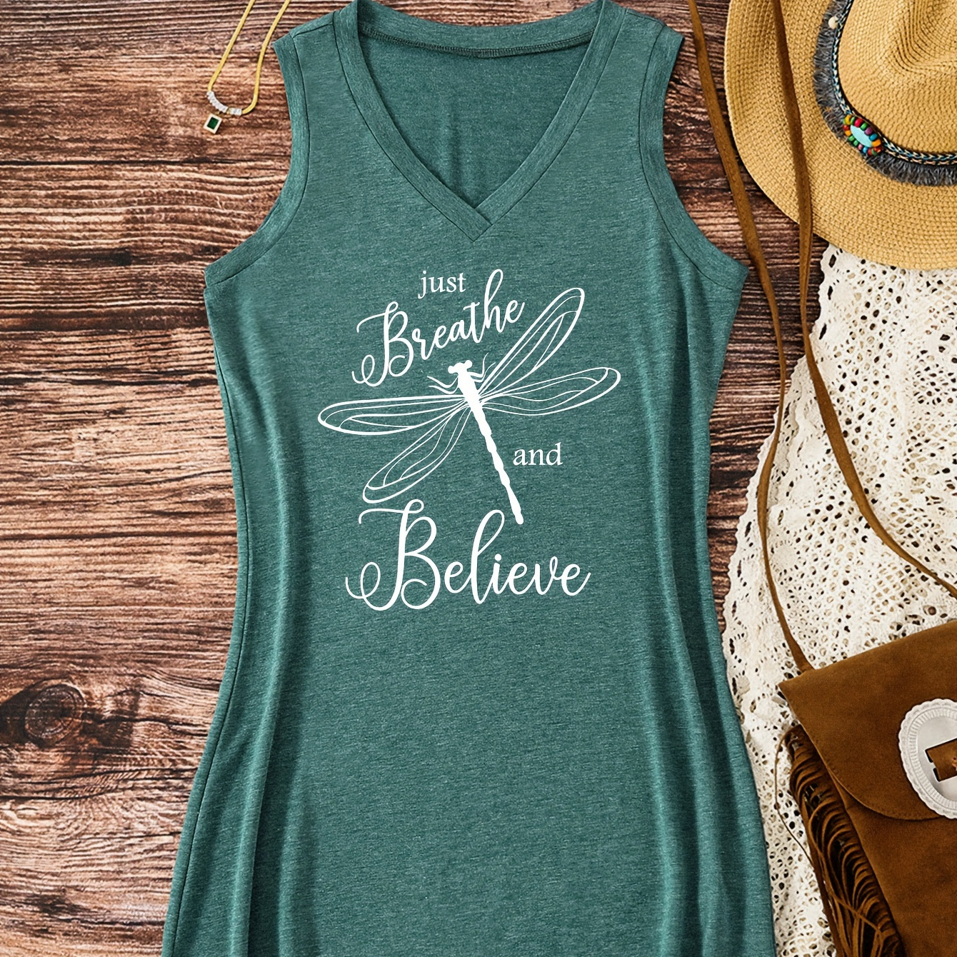 

Letter & Dragonfly Print V-neck Tank Dress, Casual Sleeveless Dress For Spring & Summer, Women's Clothing