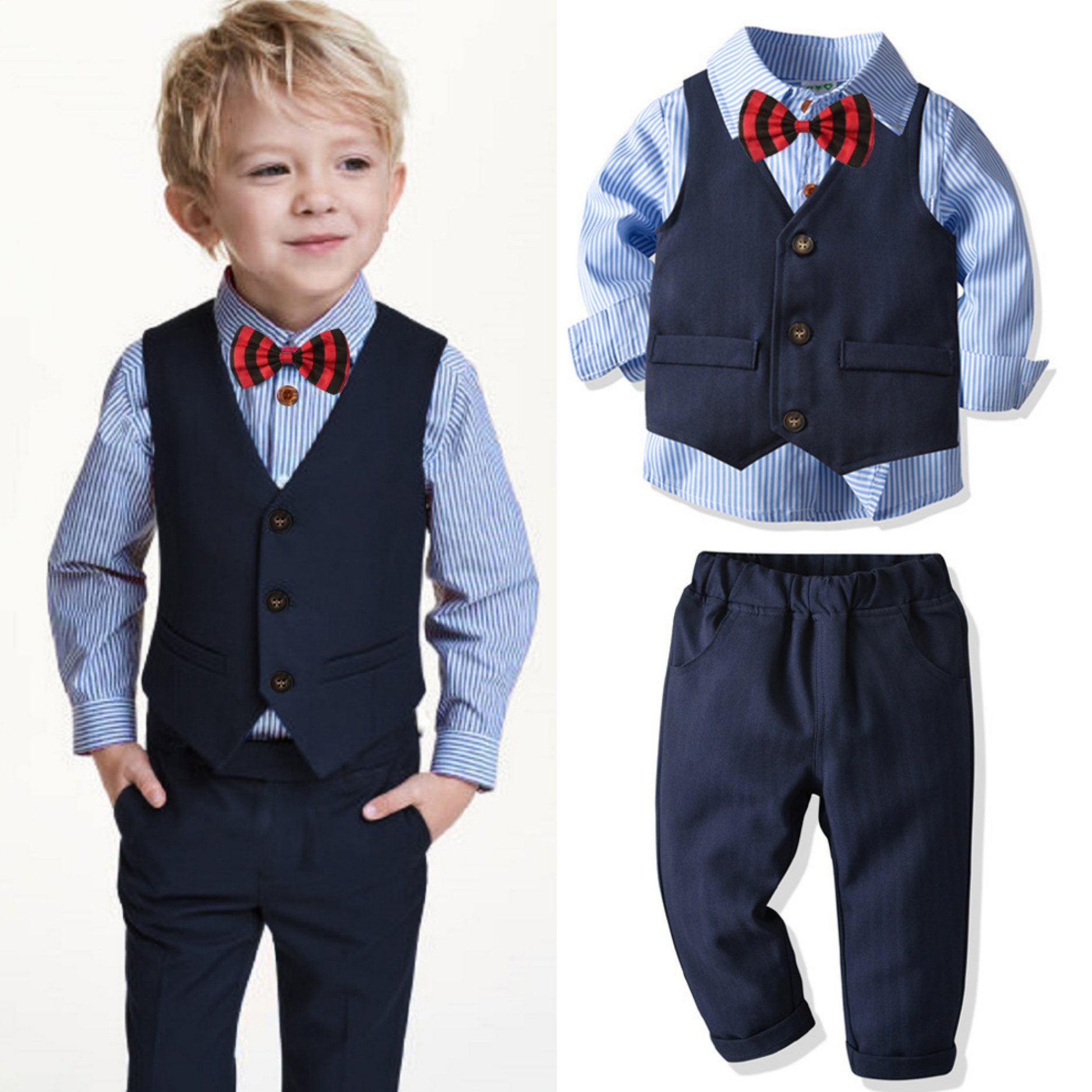 

Boys Gentleman Suit Set, Striped Cotton Long Sleeve Shirt With Bow Tie, Waistcoat & Long Pants, Party Birthday Pageboy Outfit, Formal Attire