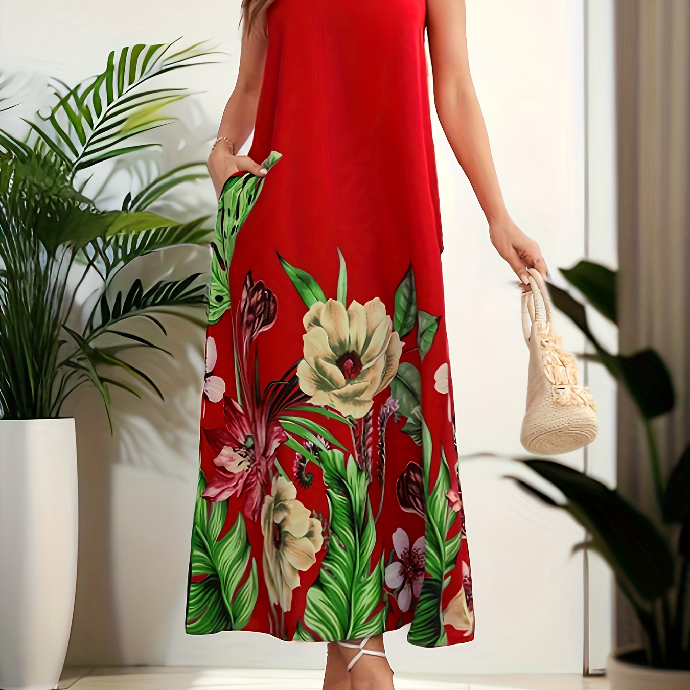 

Floral Print Crew Neck Tank Dress, Casual Sleeveless Dress For Spring & Summer, Women's Clothing