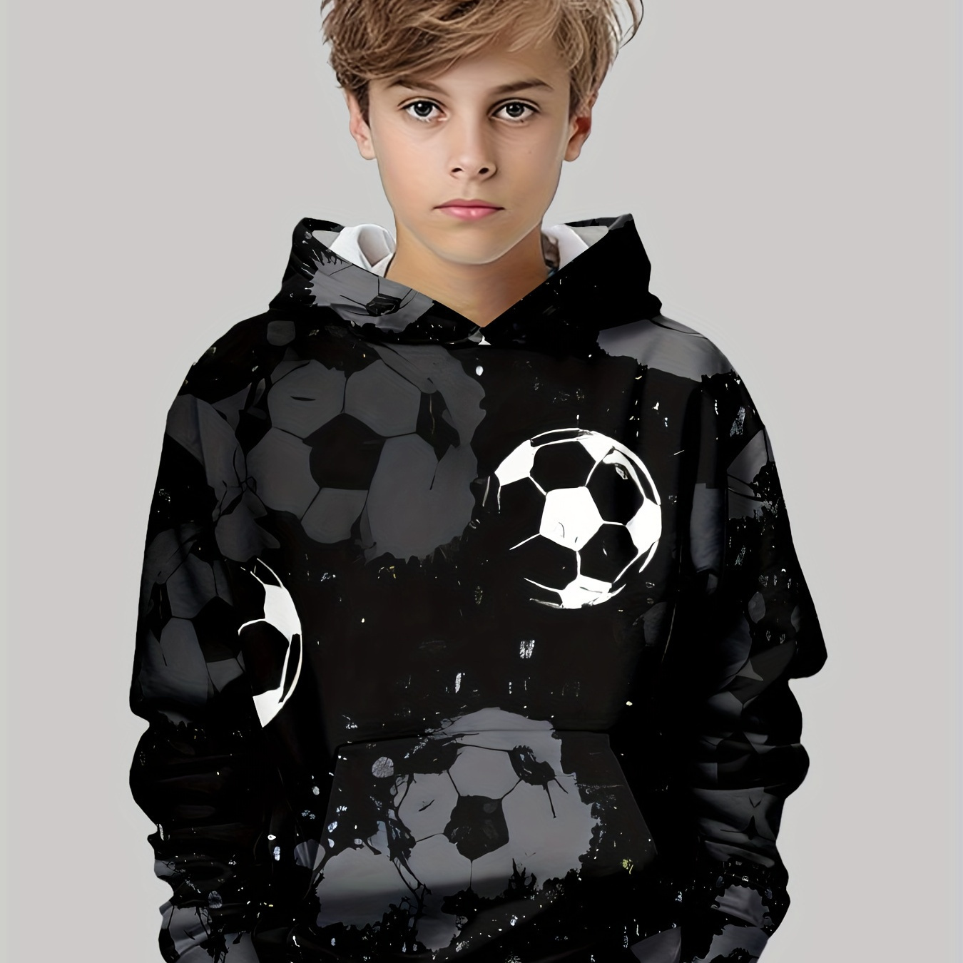 

Boys' Soccer Print Hoodie - Casual Pullover With Long Sleeves, Polyester And Elastane Blend, Slight Stretch, Crew Neck, Fall/winter Season, Knit Fabric With Front Pocket - Ages 12 And Under