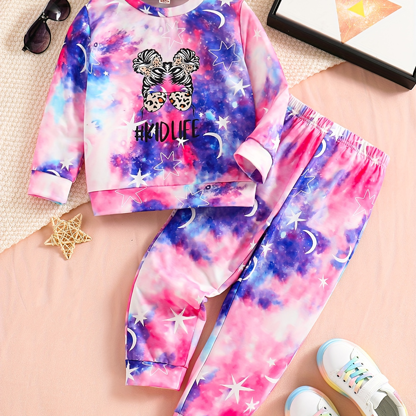 Girls Lightweight Tie Dye Set Kidlife Print Hoodies + Pants - Temu