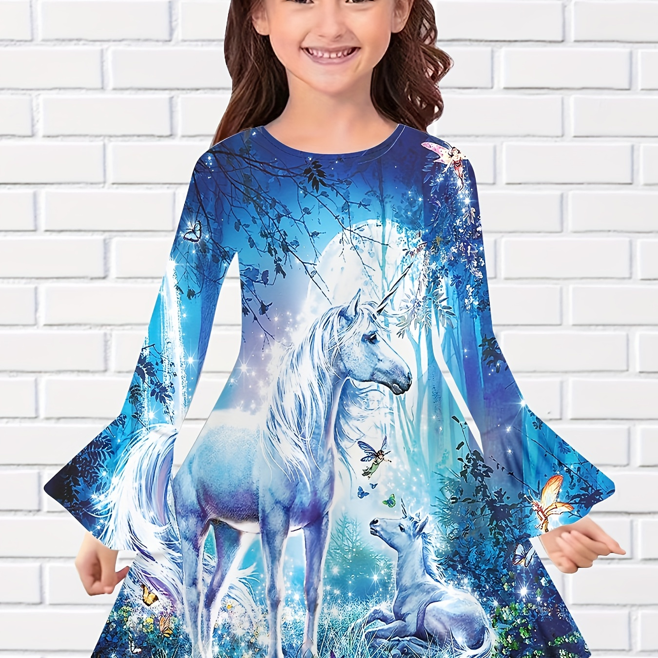 

Sweet Girls Starry Sky Graphic Unicorn Print Crew Neck Long Sleeve Dress Spring Fall Christmas Gift