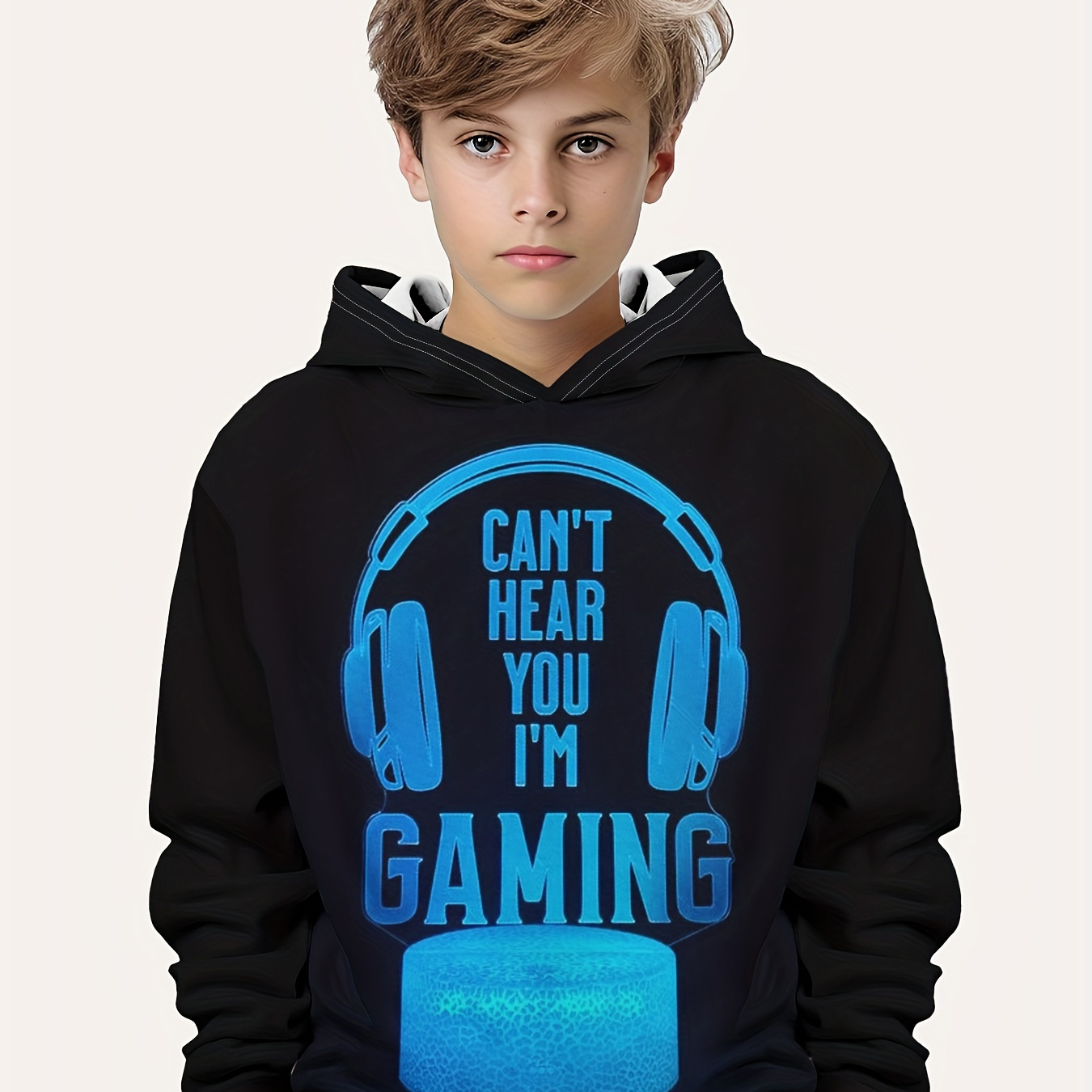 

Headphone And Can't Hear You I'm Gaming Letter Print Boys Hoodie, Stay Stylish And Cozy Sweatshirt - Perfect Spring Fall Winter Essential For Your Little Fashionista!