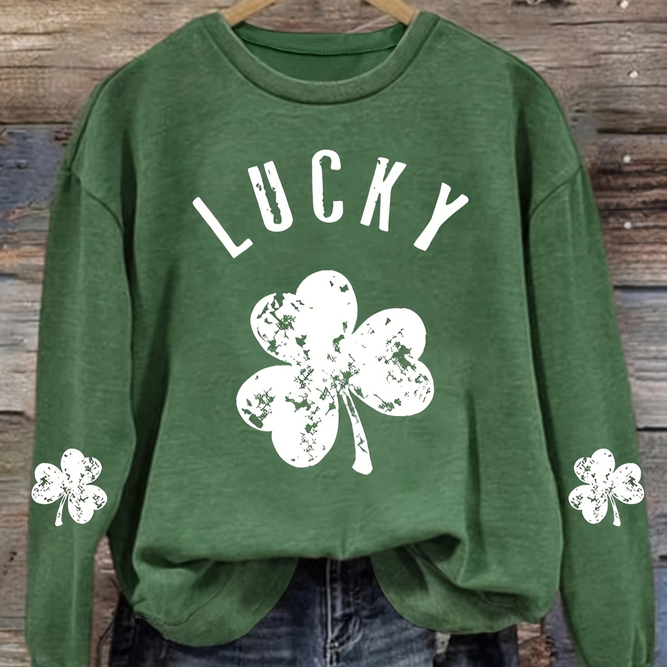 

Lucky Clover Print Sweatshirt, Casual Crew Neck Long Sleeve Sweatshirt, Women's Clothing, St. Patrick's Day