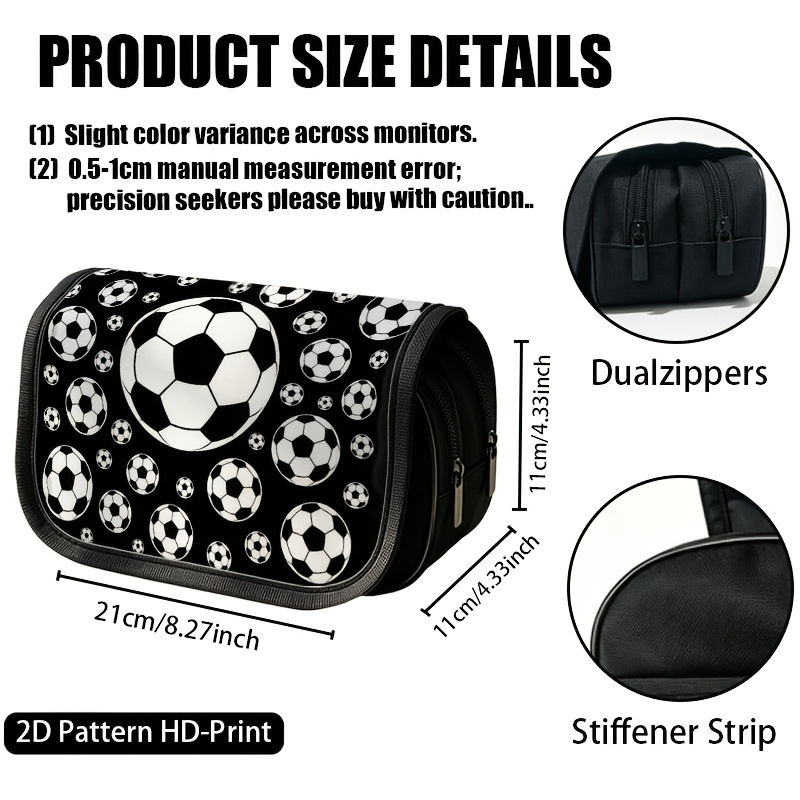 TEMU 1pc Estuche para lápices con abatible, bolsa para lápices grande de Oxford engrosada y negro con diseño de fútbol, con cremallera de capa,