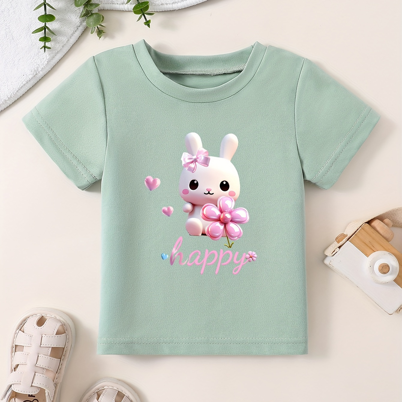 

Girl's Cartoon Rabbit Pattern T-shirt, Casual Breathable Cotton Short Sleeve Crew Neck Tee For Summer
