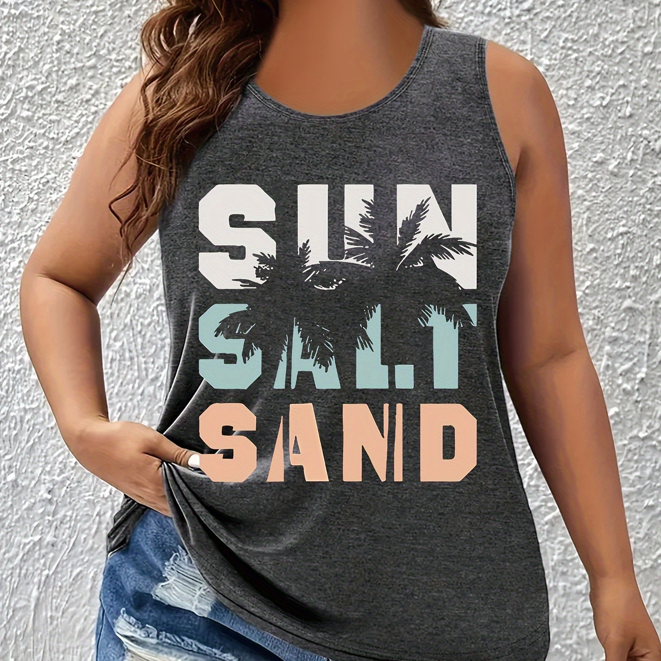 

Fit, Women's Plus Size Casual Top With Letter Print - Sleeveless, Crew Neck, Stretchy Polyester For