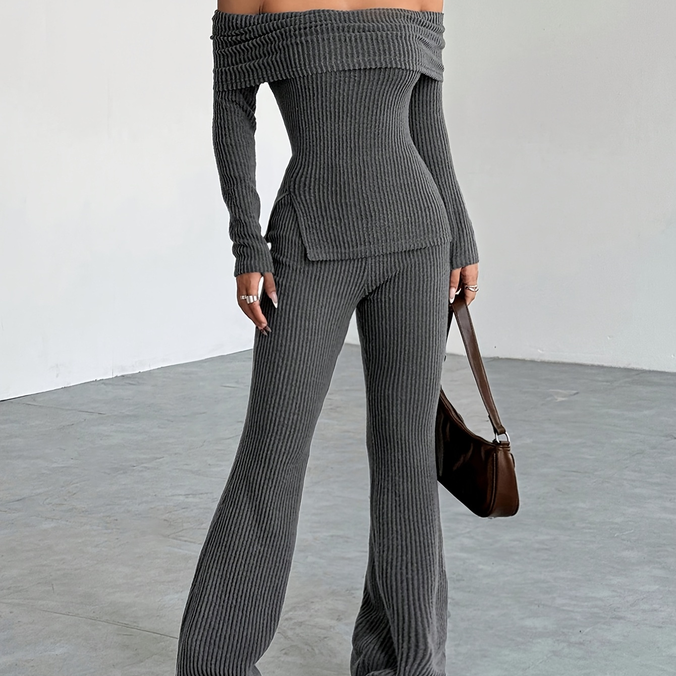 

Chic 2pcs Women's Casual Set: Off-shoulder Long Sleeve Ribbed Top & Flared Pants In Gray - Stretchy Polyester , Machine Washable For Spring/fall