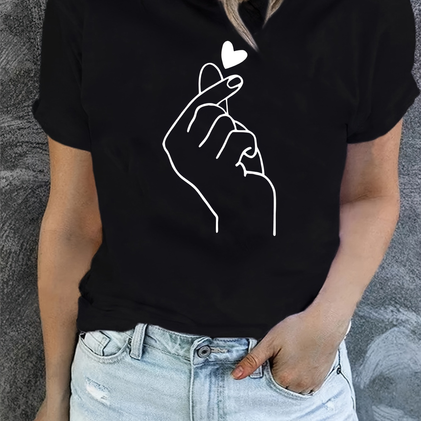 

Gesture Than Heart Print Crew Neck T-shirt, Casual Short Sleeve T-shirt For Spring & Summer, Women's Clothing
