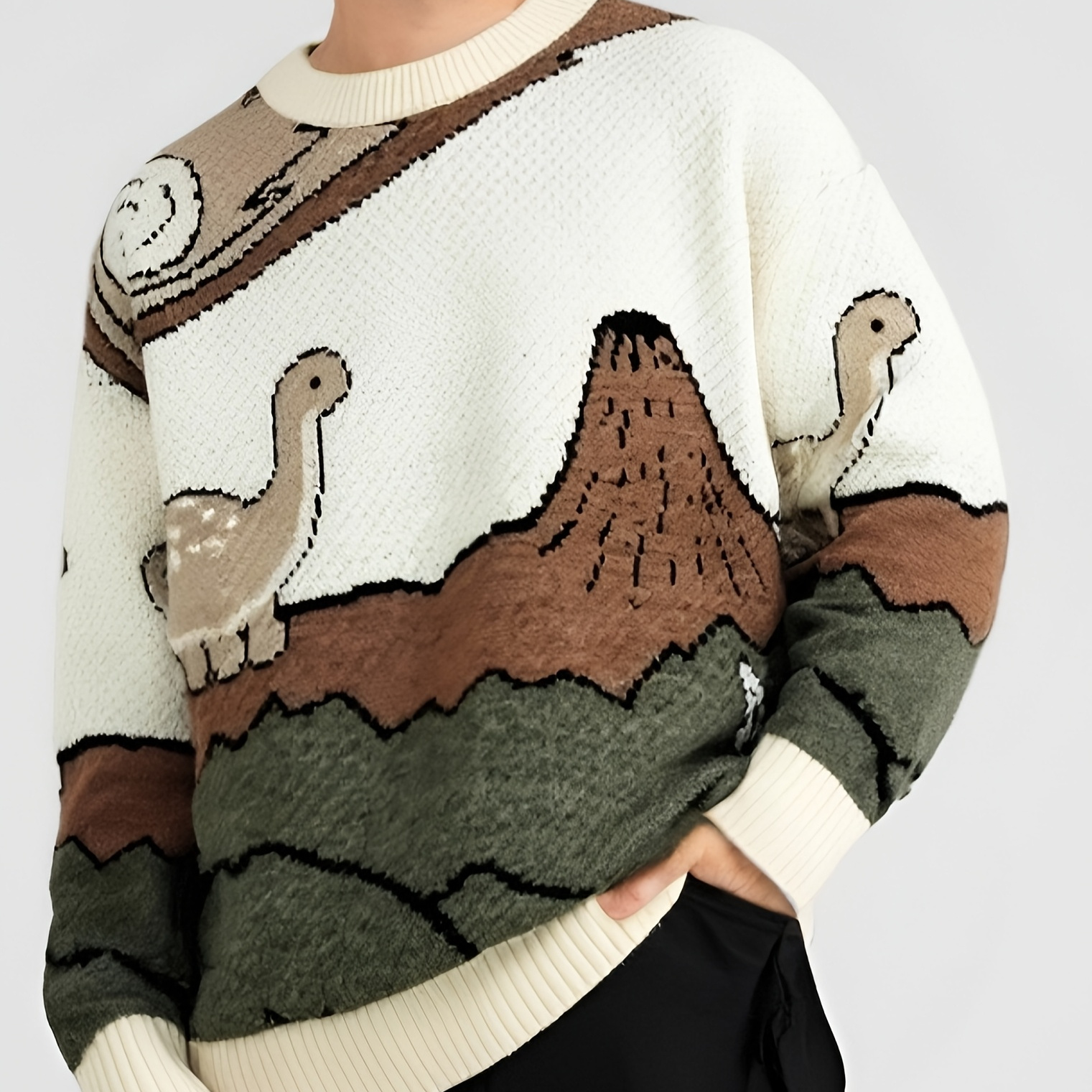 

Men's Dinosaur Knitted Pullover, Casual Long Sleeve Crew Neck Sweater For All