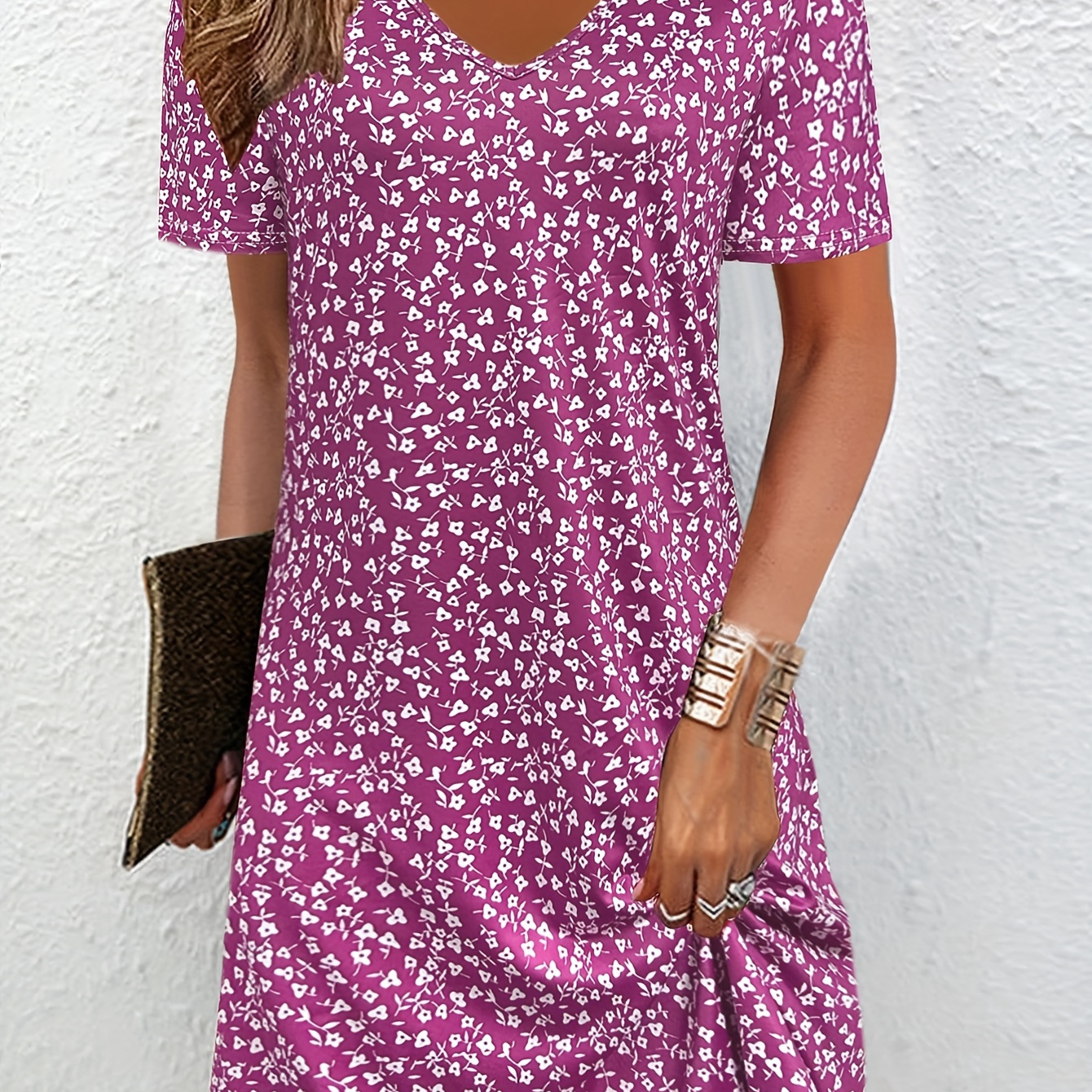 

Floral Print V-neck Dress, Vintage Short Sleeve Dress For , Women's Clothing