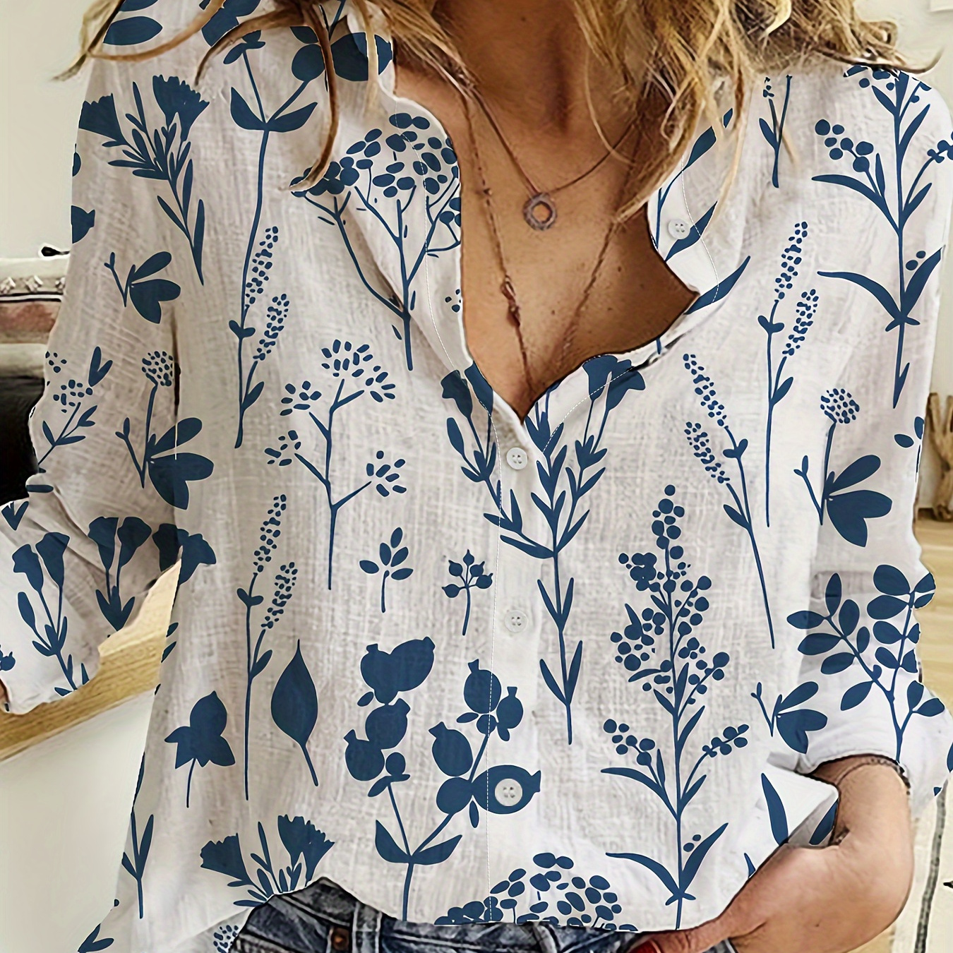 Leaves Print Button Front Shirt, Casual Long Sleeve Shirt For Spring & Fall, Women's Clothing