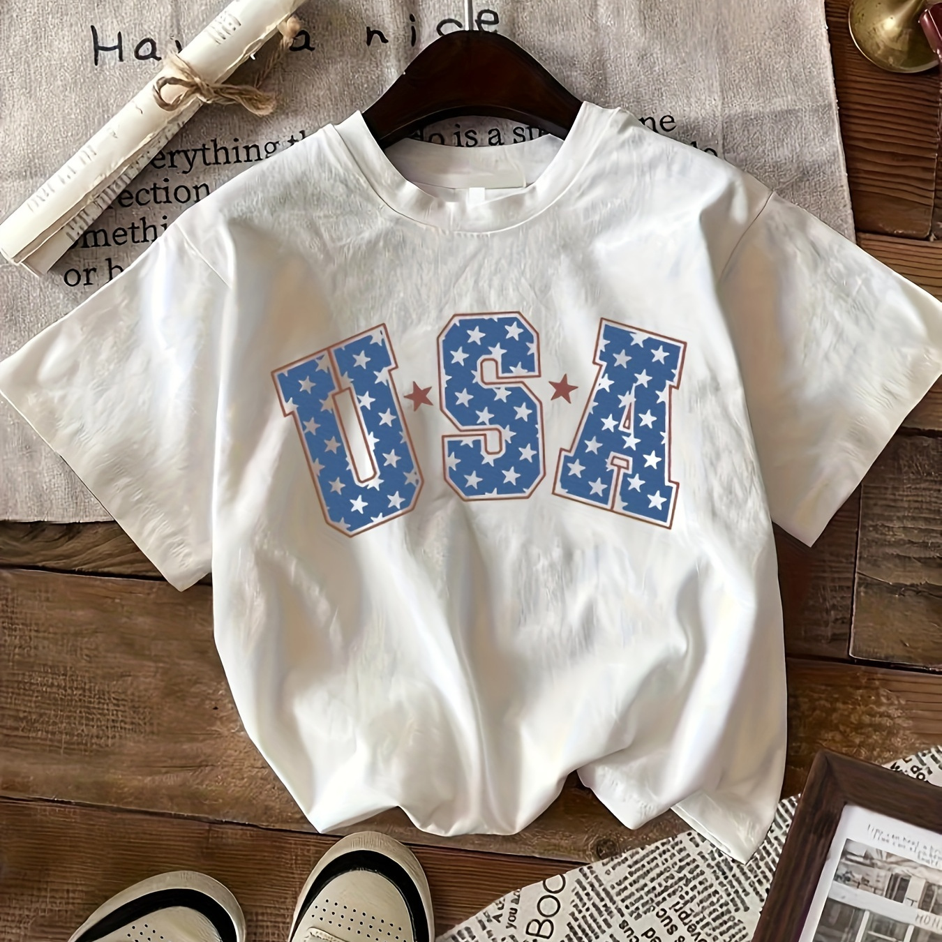 

Usa Print T-shirt, Short Sleeve Crew Neck Casual Top For Summer & Spring, Women's Clothing