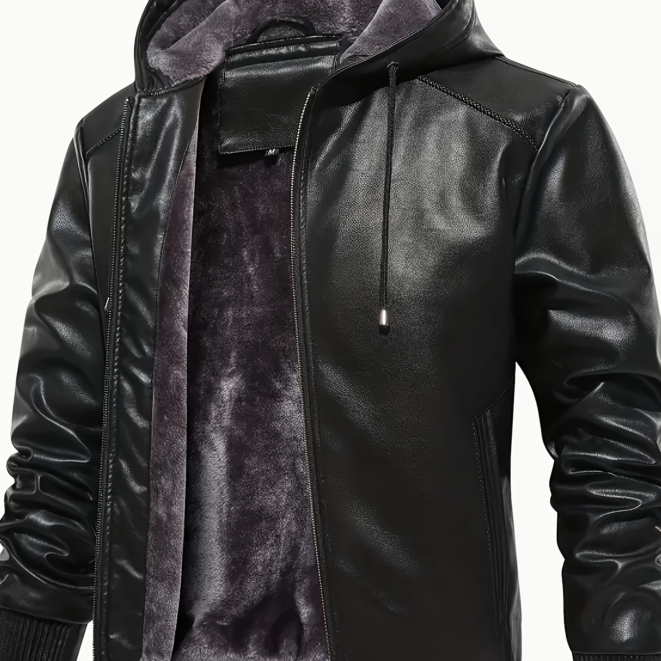 

Men' Color Pu -leather Hooded Jackets, Trendy Thick Jacket For Spring Autumn