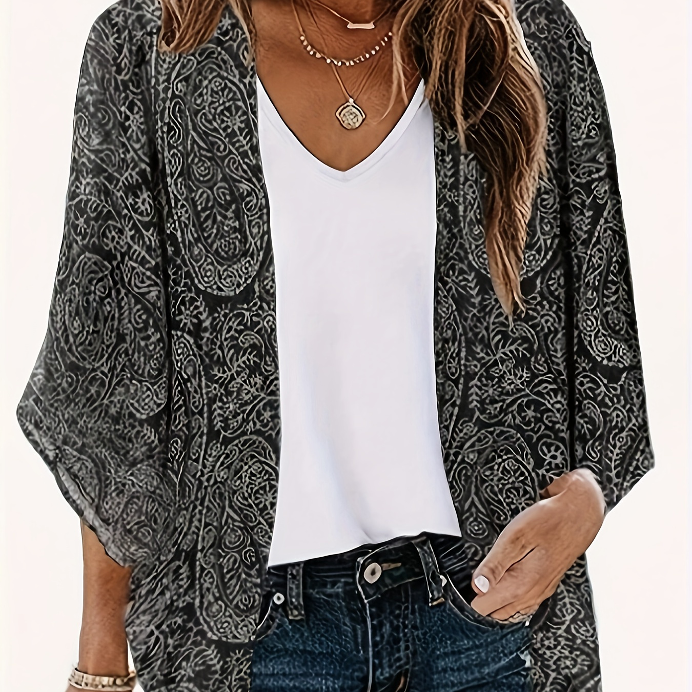 

Paisley Print Open Front Blouse, Casual -quarter Sleeve Blouse For , Women's Clothing