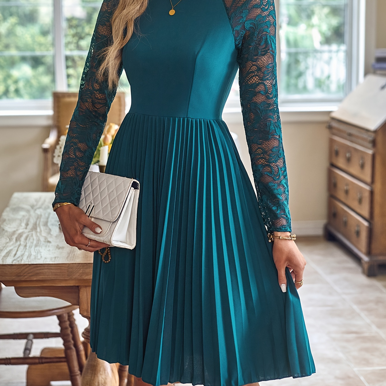 

Contrast Lace Pleated Dress, Elegant Crew Neck Long Sleeve Dress For Spring, Women's Clothing