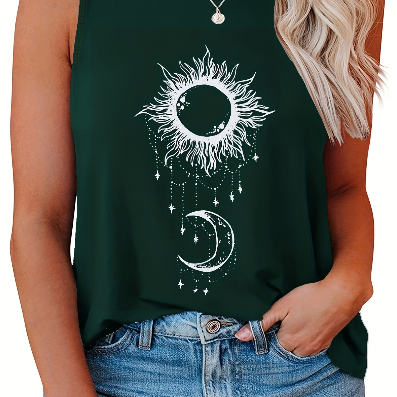 Plus Size Casual Tank Top, Women's Plus Sun & Moon Print Round Neck Slight Stretch Tank Top