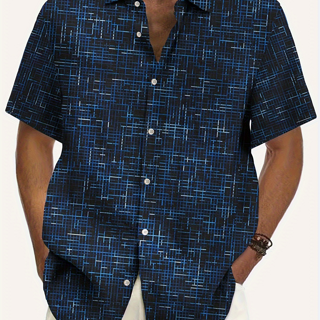 

Men's Geometric Pattern Print Short Sleeve Lapel Shirt Top, Male Casual Button Up Shirt For Summer And Vacation Resorts