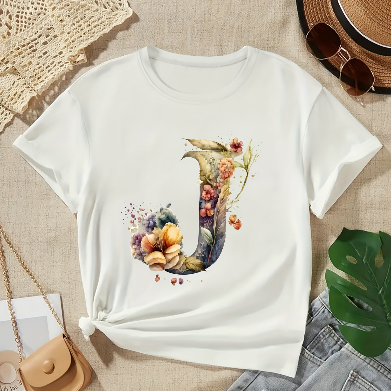

Letter-j Print Creative T-shirts, Soft & Elastic Comfy Crew Neck Short Sleeve Tee, Girls' Daily Wear Top