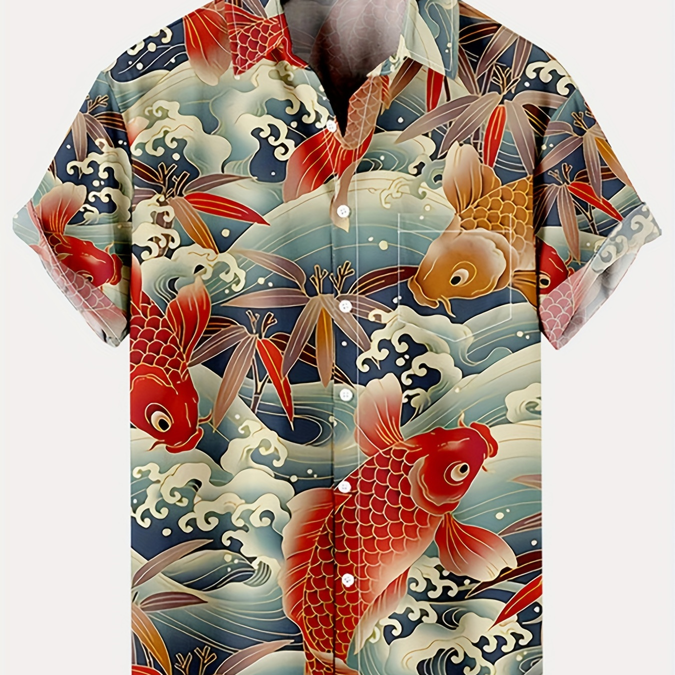 Temu Plus Size Women & Men Clothes Koi and Sea Waves Casual Lightweight Short Sleeve Hawaiian Shirt, Oversized Loose Clothing for Men, Best Seller Gifts