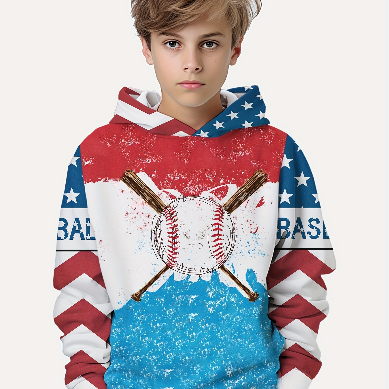 

Boy's Hoodie With Baseball And American Flag Design - Spring/, Polyester Material, Casual Style, Regular Fit, Suitable For Ages 12 And Below