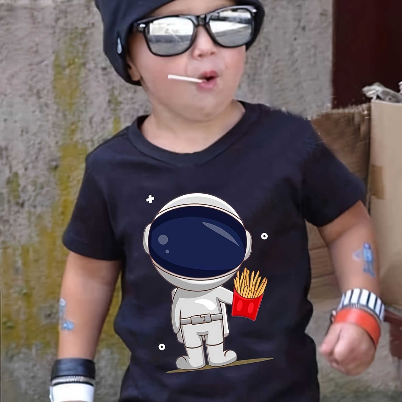 Cartoon Spaceman And Fries Print Boys Creative T-shirt, Casual