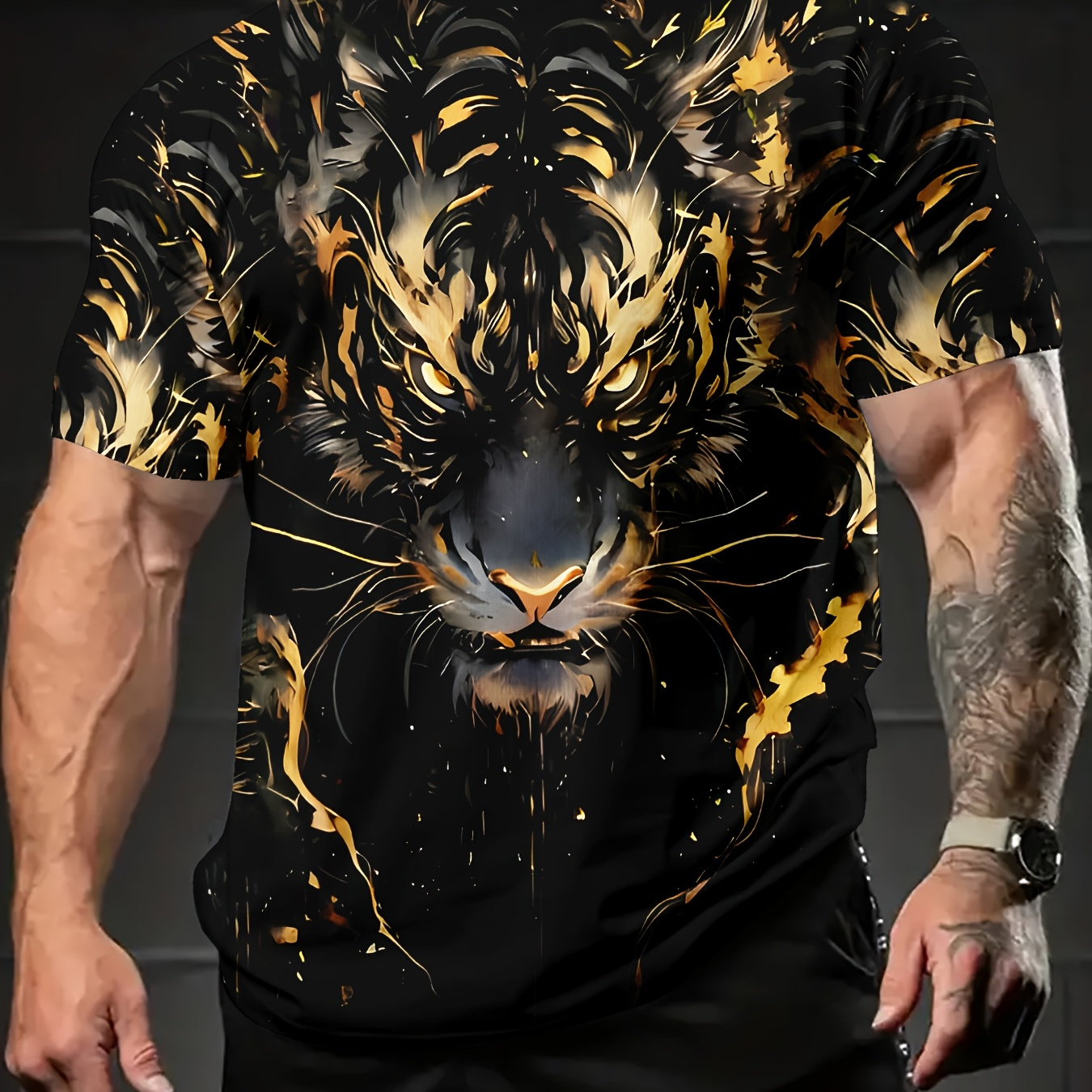 

1pc Men's Casual Crew Neck T-shirt With Black And Golden Oil Tiger Print, Polyester Knit Fabric With Stretch, Short Sleeve Pullovers For Daily & Weekend Wear