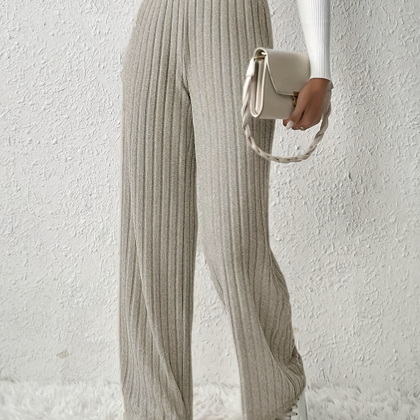 

Pantalon droit côtelé uni, pantalon décontracté à taille haute élastique pour le printemps et l'automne, vêtements pour femmes