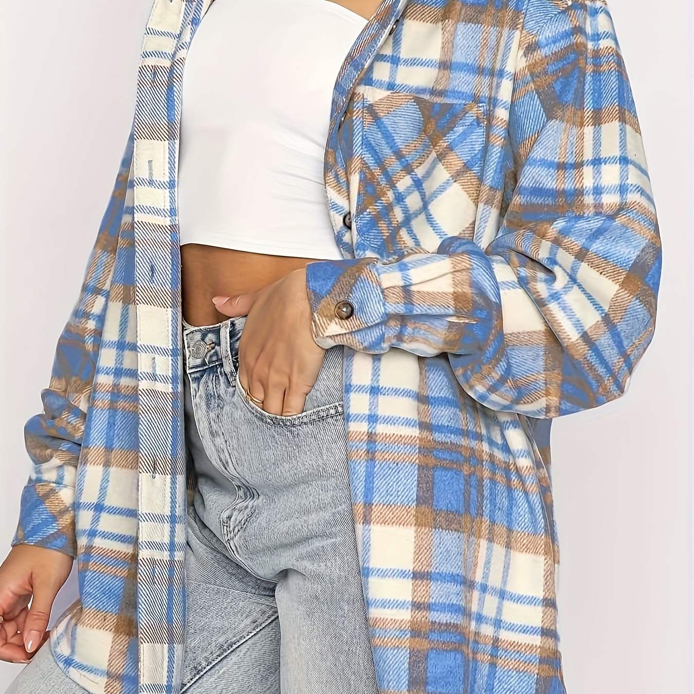 

Women's Plus Size Print Long Sleeve Turn- Collar Shacket - Soft Button Up Coat With Pockets, Relaxed Fit & For Fall And Winter Casual , Winter Shacket | Chic Design | Checkered Pattern