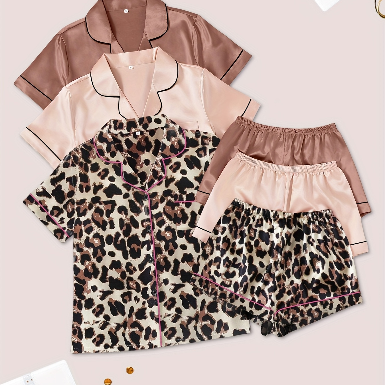 [Velvet Pajama] 3pcs Velvet Pajama Set | Simple Casual Comfortable, Leopard Print & Plain Color, Short Sleeve Turned Collar Shirt Top & Elastic Shorts Suit