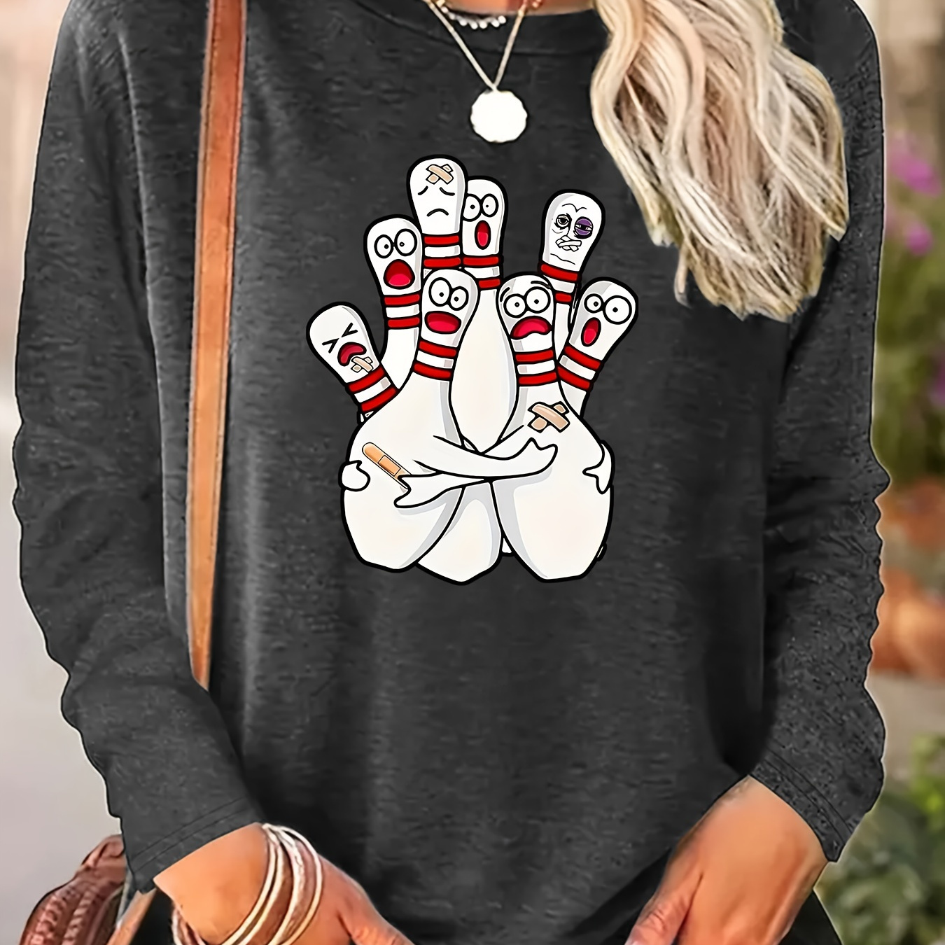 

Bowling Print T-shirt, Long Sleeve Crew Neck Casual Top For Spring & Fall, Women's Clothing