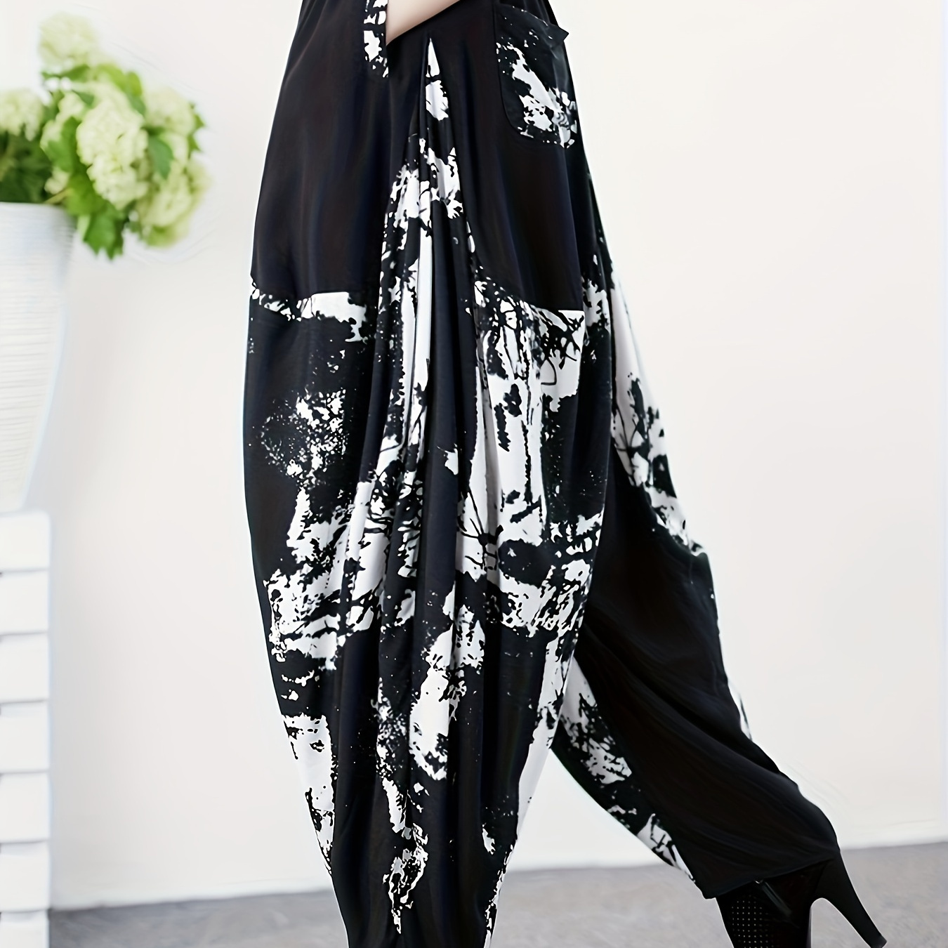 

Elegant High-waist Lantern Pants For Women - Chic Printed, Loose Fit With Waistband, Machine Washable - Spring/summer/fall