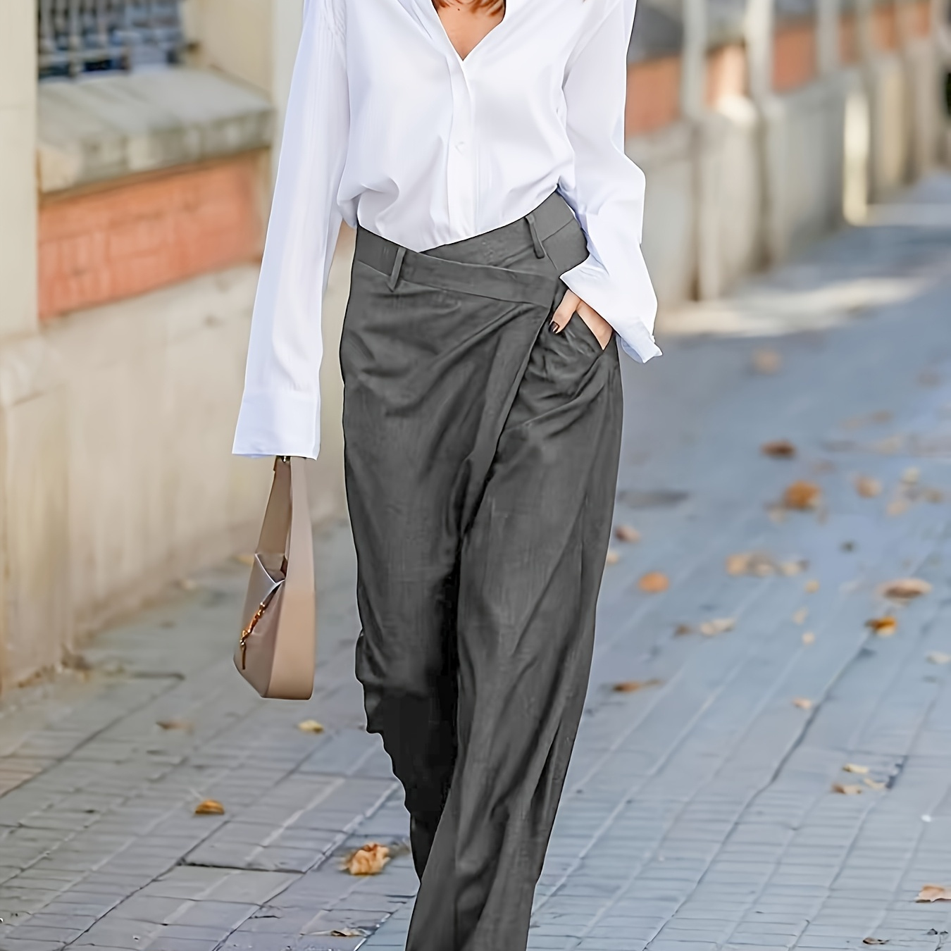 

Elegant Polyester Tailored Pants For Women, Solid Color, High-waisted Wide-leg Suit Trousers, Woven Fabric, Adult Stylish Ankle-length Pants