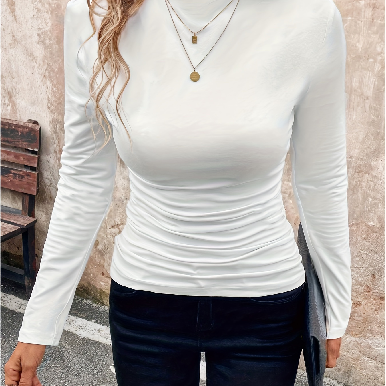 

Elegant Mock Neck Long Sleeve T-shirt For Women - Stretchy Polyester , Machine Washable, Solid Color With Ruched Detail, Spring & Fall