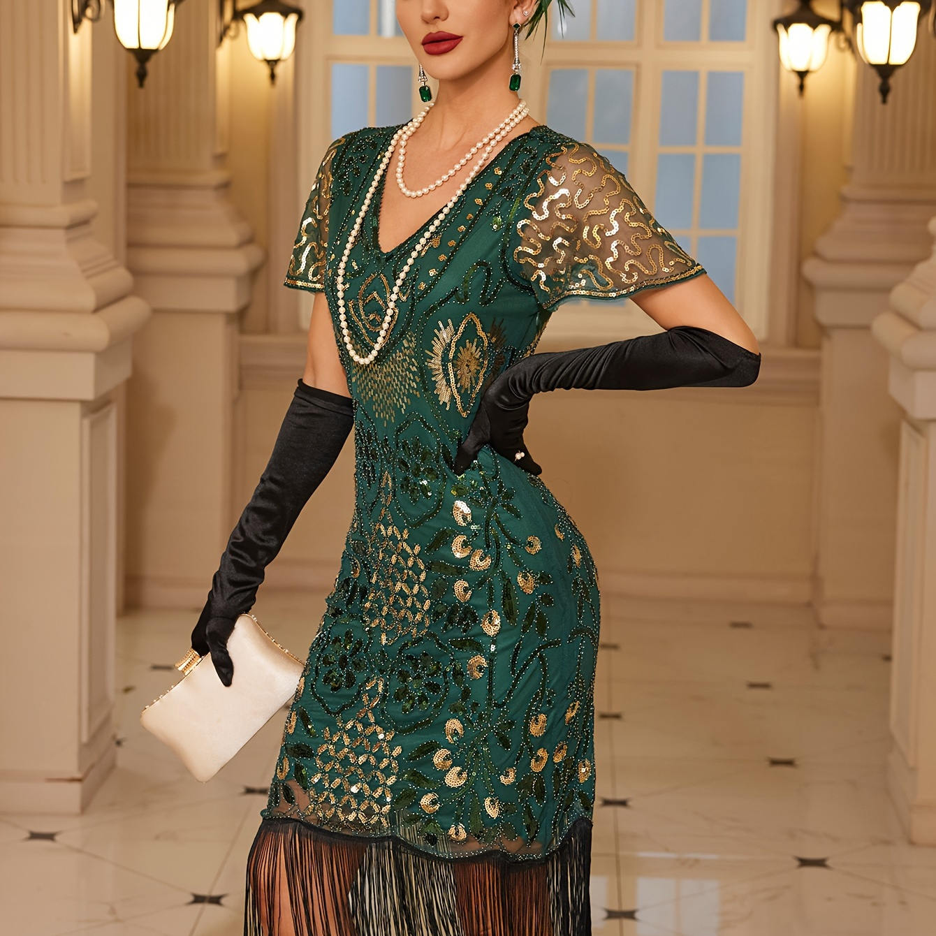 1920s Retro Sequin * Party Dress with Tassels, Short Sleeve Evening Gown  for Banquets and Toasting Ceremonies - In Stock