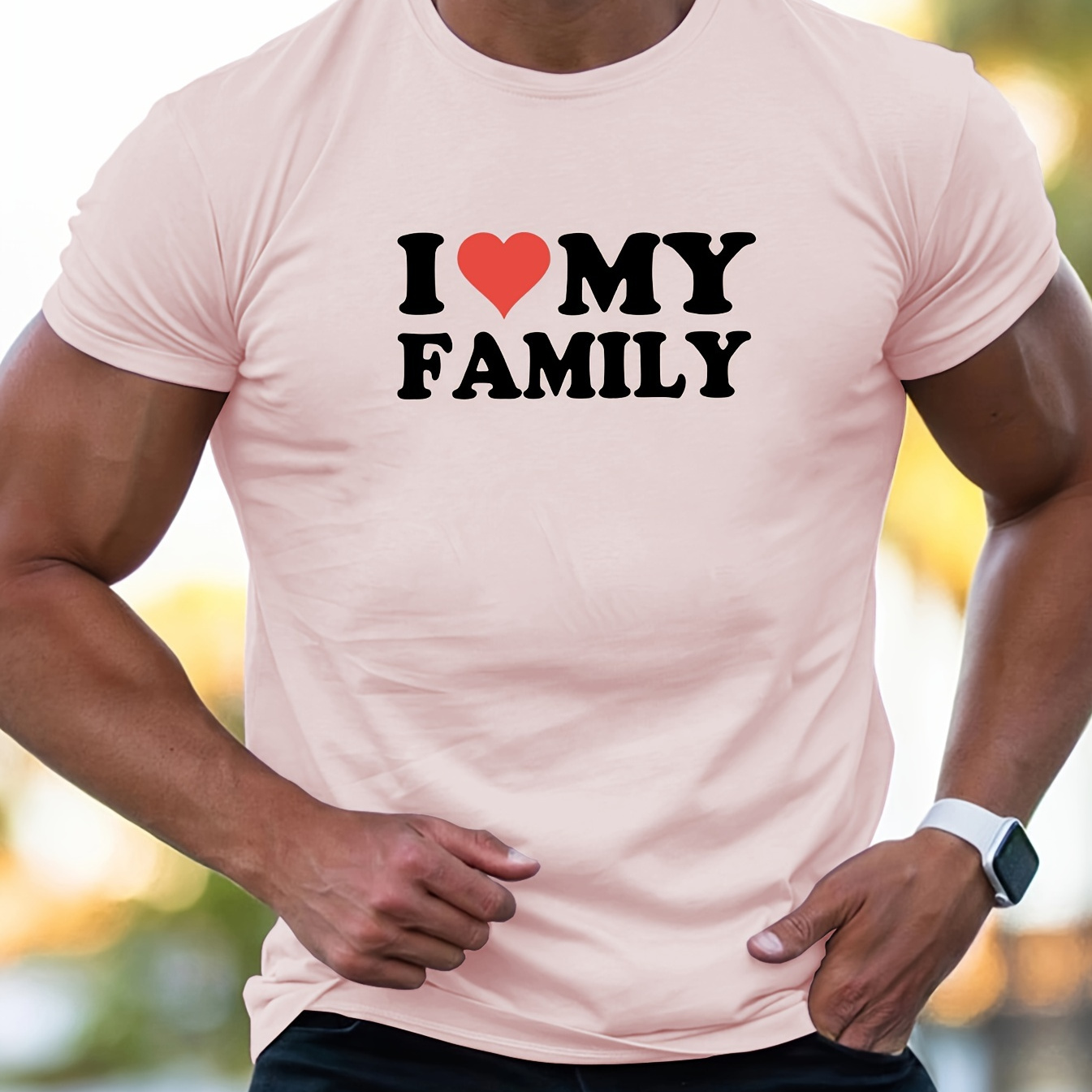 

I Love My Family Print Tees For Men, Casual Quick Drying Breathable T-shirt, Short Sleeve T-shirt For Running Training