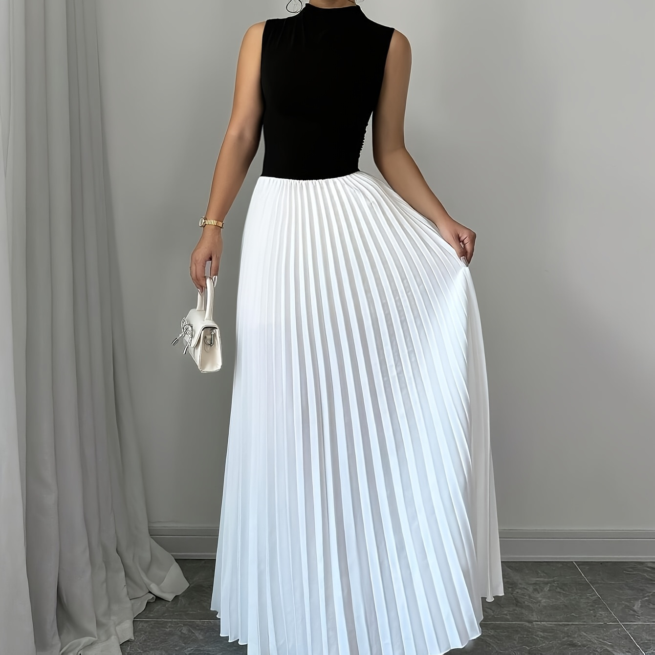 

Elegant Black & White Sleeveless Dress For Women - Chic Pleated A-line Skirt With Mock Neck Top, Polyester & Spandex , Spring/summer