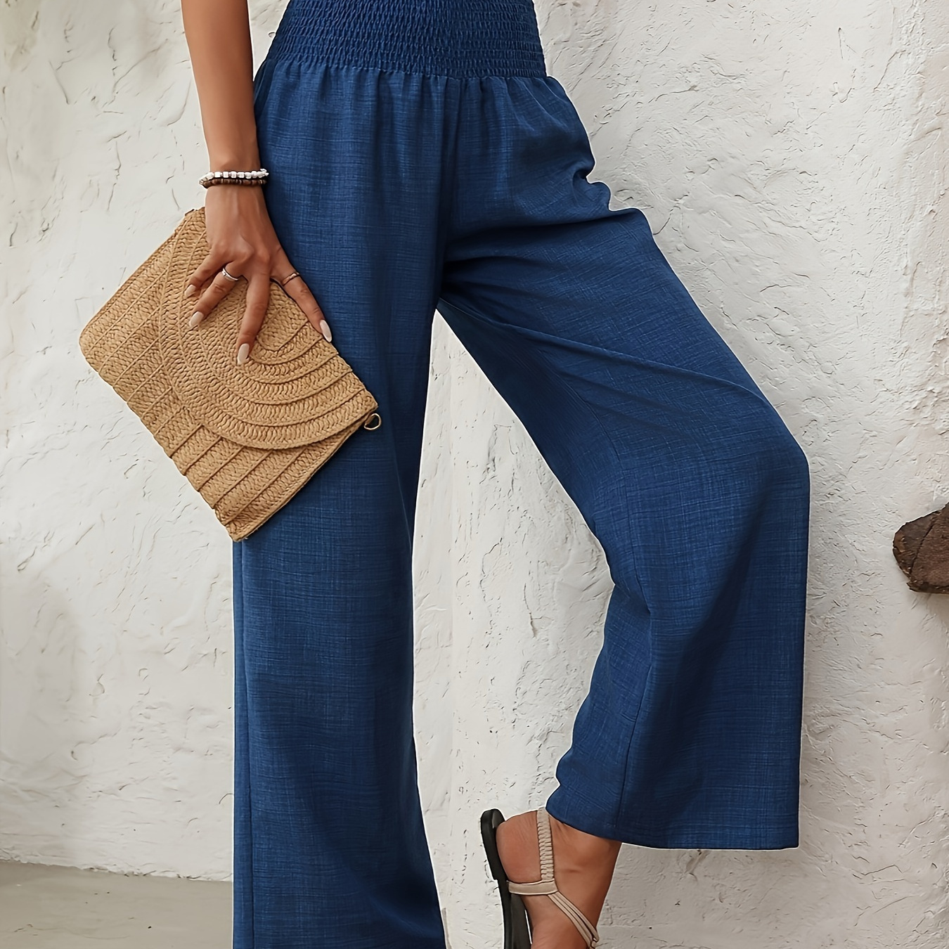 

Solid Color Shirred Waist Wide Leg Pants, Casual & High Waist Pants For , Women's Clothing