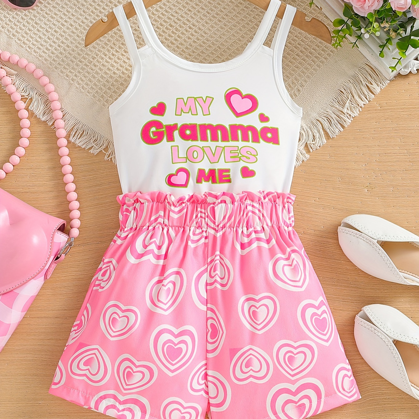 

Girls Cute 2pcs 'my Grandma' Letter Print Cami Top & Heart Print Casual Frilled Shorts Set Summer Clothes