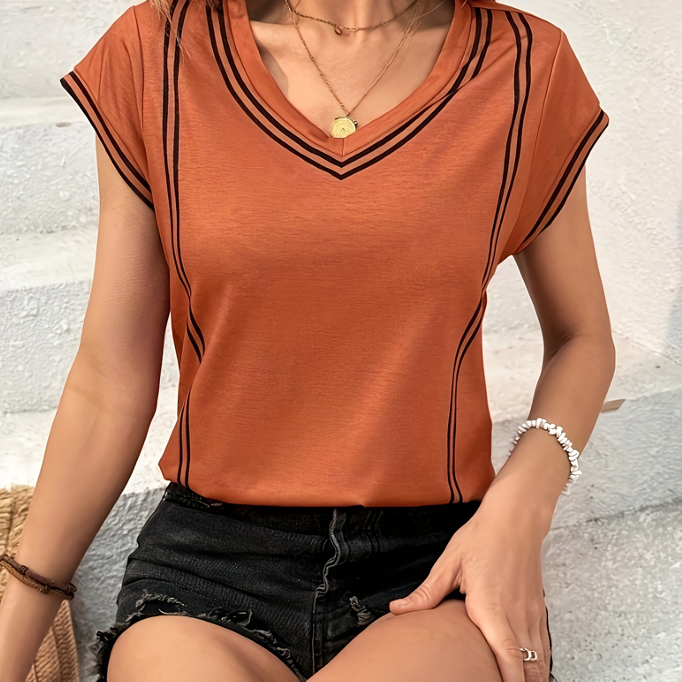 

Chic Solid Color V-neck Short Sleeve T-shirt For Women - Elegant Polyester , & Comfortable, All , Popular, T-shirt