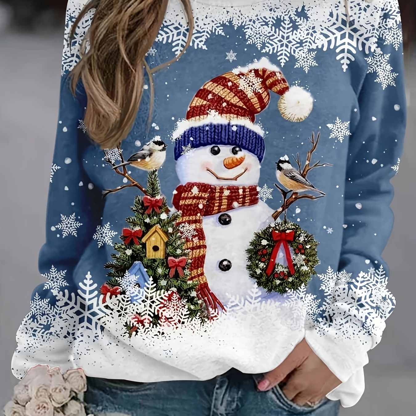 

Women's Christmas Snowman Sweatshirt - Cozy Long Sleeve Crew Neck Pullover With And Holly Accents, , Decorations